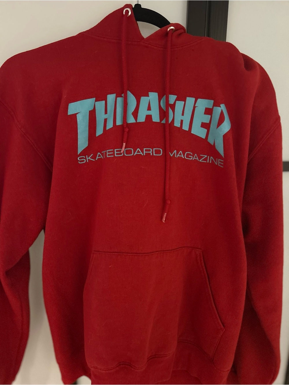 Thrasher Red Hoodie with Light Blue Logo